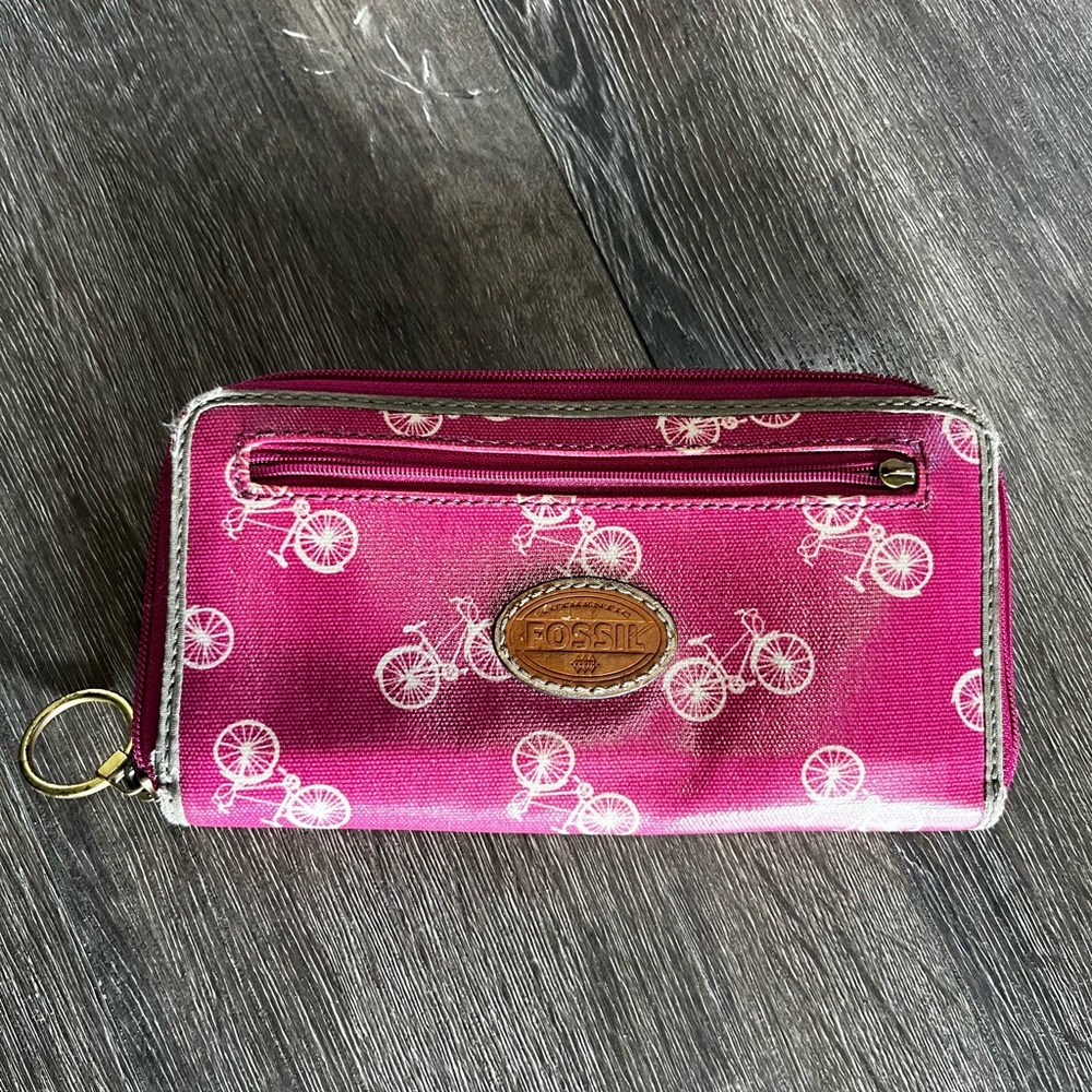 Fossil Pink Bicycle Print Zip Wallet vintage Fushia pink